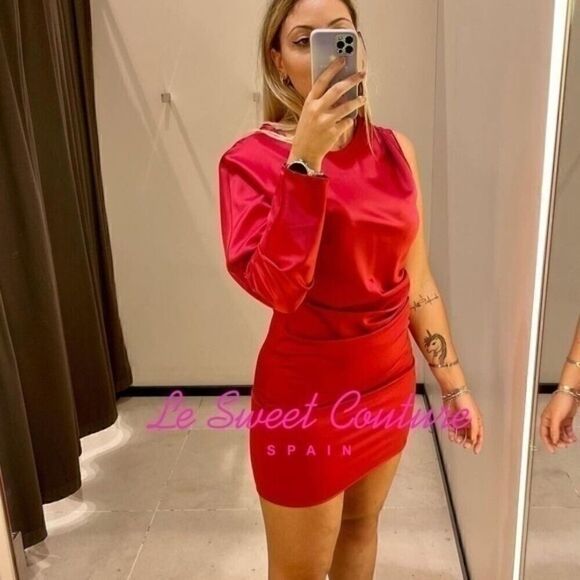 NWT ZARA ASYMMETRIC SATIN EFFECT DRESS RED - Picture 5 of 13